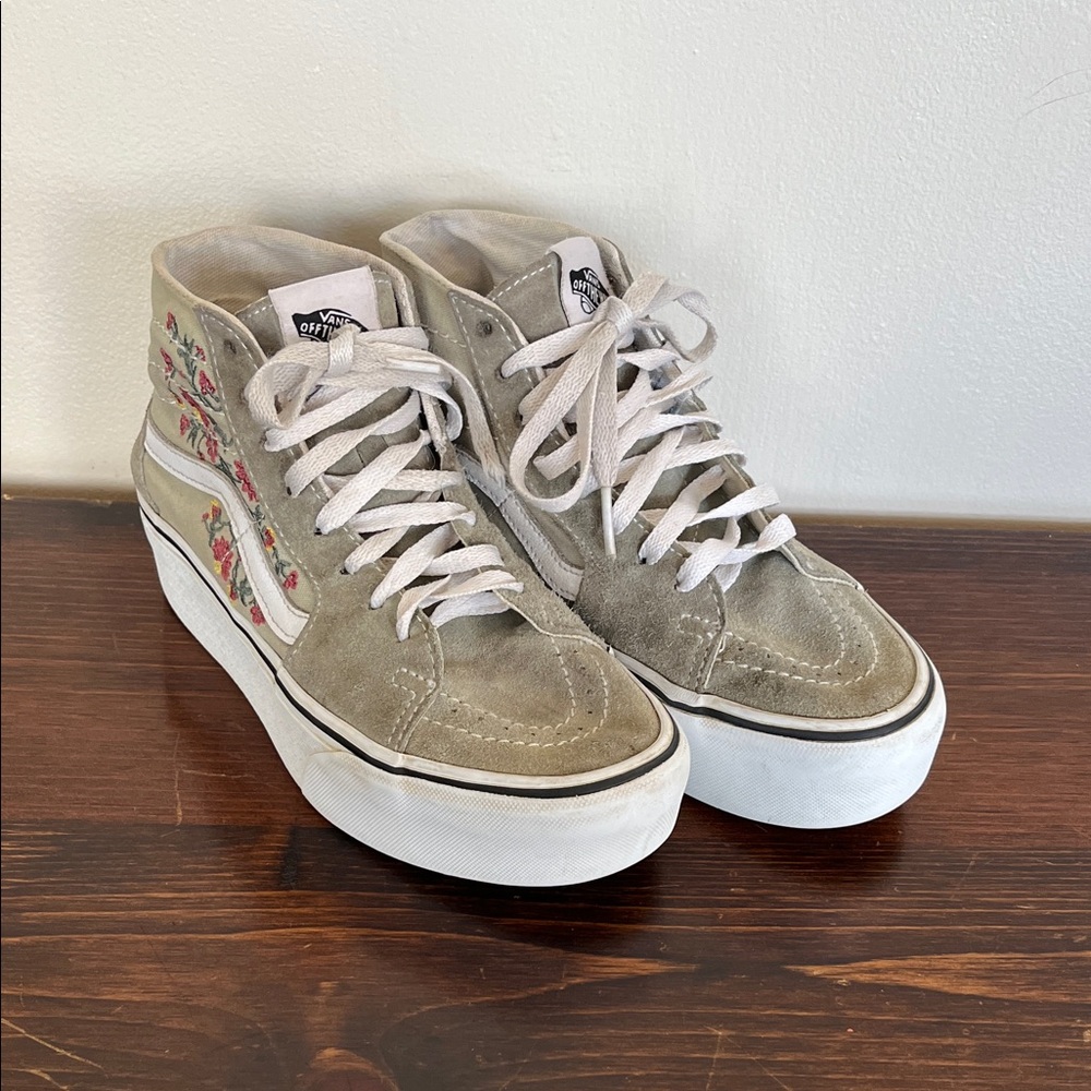 Vans Sk8-Hi Platform Suede High-Top Sneakers in Light Beige with Floral Accents